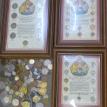 British and foreign coinage and three framed Canadian coin displays
