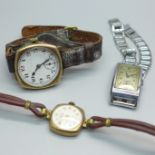 Two 9ct gold wristwatches and a Titus wristwatch with 19mm case, (9.3g of weighable 9ct gold)