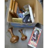 Assorted items; two copper jugs, china, games, horse racing pictures, clown figures, Santa