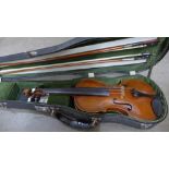 A Scottish violin and two German silver mounted bows, one bow marked Frz. Meier, (Fritz), 35.5cm,