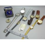 A lady's 9ct gold cased wristwatch, other wristwatches, a travel clock and movements