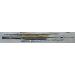 Five fishing rods including Edgar Sealey and other fishing accessories including fishing reels,