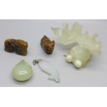 Two jade pendants and three carved figures
