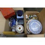 Two boxes of assorted items, decorative china including Royal Crown Derby, miniature tea set,