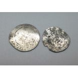 An Elizabeth I 2 pence coin dated 1572 and an Edward I silver penny coin, London Mint