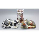 Three Royal Crown Derby cat paperweights, including Misty and Catnip Kitchen