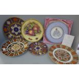 Six plates including a Royal Crown Derby 1128 pattern plate, Caverswall, Aynsley signed D. Jones,