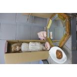 A porcelain collector's doll, boxed, an octagonal mirror and a china dish **PLEASE NOTE THIS LOT
