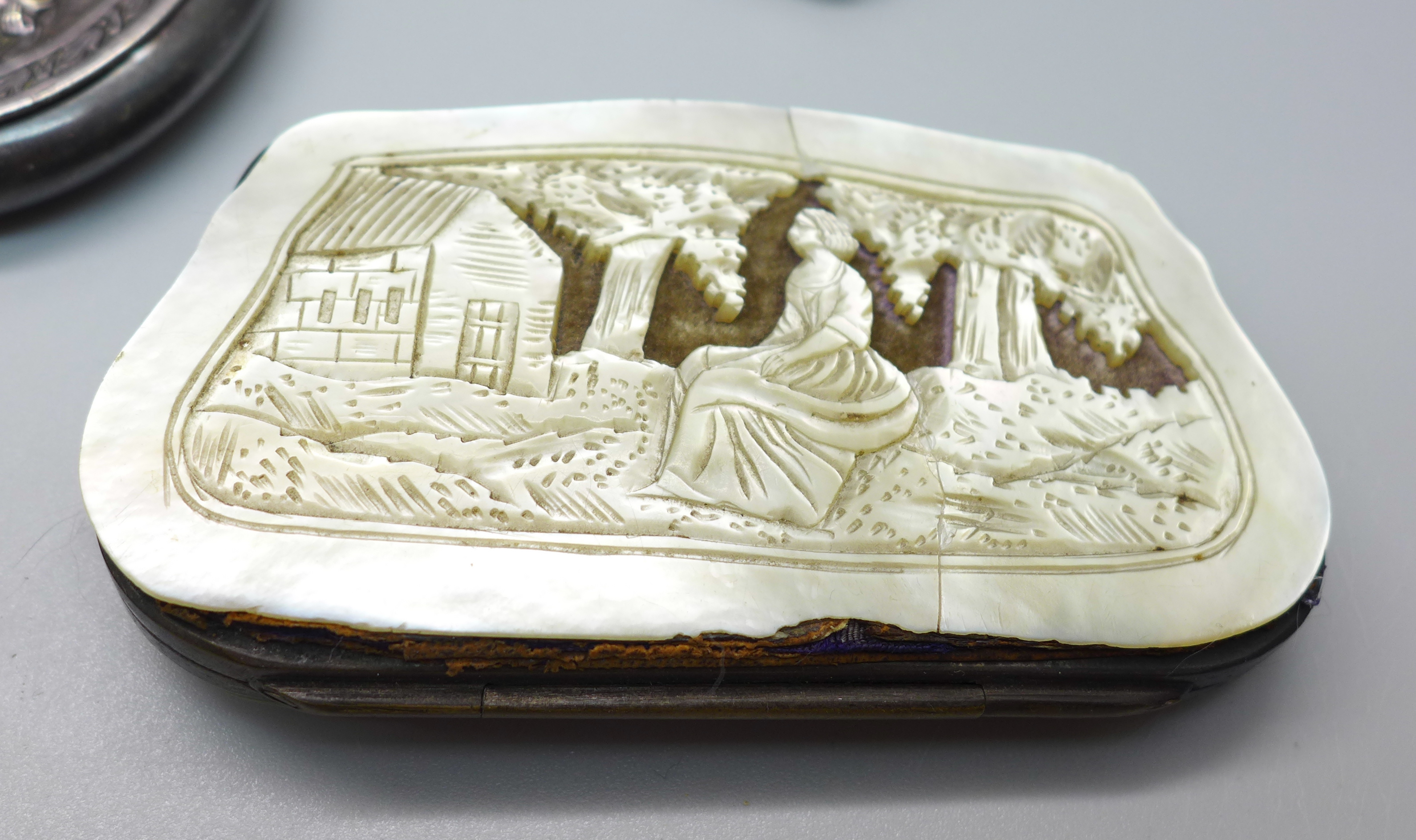 A guilloche enamel Stratton compact, pill boxes, a mother of pearl purse, etc. - Image 2 of 7