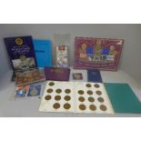 Coins; a box of GB year packs, commemorative coins, etc.