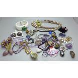 Costume jewellery etc., including Ralph Weston silver clip-on earrings, a pair of vintage purple