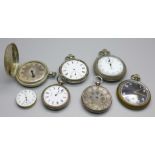 Three silver pocket watches, three other pocket watches and a Waltham wristwatch movement, a/f, (