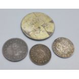 A silver crown, a/f, a Victorian coin, a Victorian token, W. Holmes, Great Northern Tea Warehouse,
