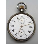 A silver chronograph pocket watch, lacking glass