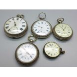 Four silver pocket watches including two 800. silver, and a gun metal fob watch, a/f