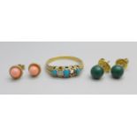 A 9ct gold and turquoise stone set ring, a/f, and two pairs of earrings, 2.1g, N