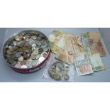 Assorted coins, brass 3d and banknotes, etc.