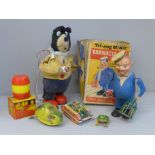 A Tri-ang Minic Barnacle Bill toy and other tin plate and vintage toys