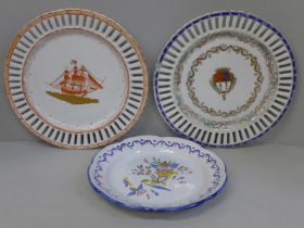 Two hand painted Chinese export reticulated wall plates with clipper and Crest decorations and a
