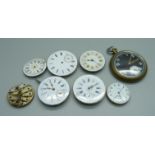 Pocket watch movements and a pocket watch with missing back, (possibly military)