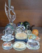 A collection of glass including model of a squirrel, a figure, paperweights, Mdina, Kery Glass, RCR,