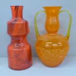Two orange glass vases; one 1970s Prachen vase by Frantisek Koudelka and one other