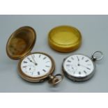 A white metal pocket watch and a plated Lancashire Watch Co. full-hunter pocket watch