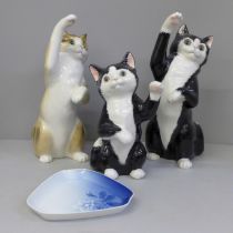 Three Cats & Co. England, models of cats and a Royal Copenhagen dish