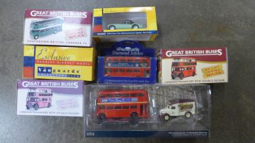 A collection of seven model vehicles, Atlas Editions and Vanguards, boxed