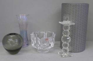 A collection of glass including Holmegaard, Orrefors and a Swarovski candlestick, boxed