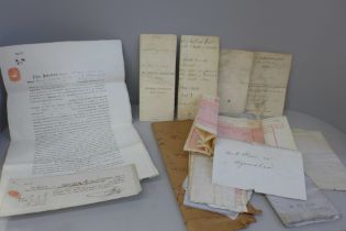 Assorted 19th Century ephemera; title deeds, legal documents and birth certificates, etc.