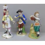A pair of German porcelain Sitzendorf figures and a Meissen figure of a Tinker, Tinker a/f