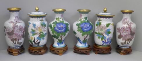 Three pairs of cloisonne vases on wooden stands **PLEASE NOTE THIS LOT IS NOT ELIGIBLE FOR POSTING