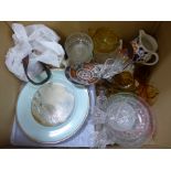 A collection of glass, amber glass drinks and bowl set, two Allertons jugs, pink transfer coffee