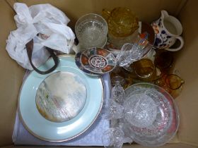 A collection of glass, amber glass drinks and bowl set, two Allertons jugs, pink transfer coffee