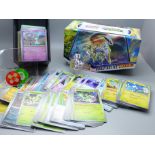 300 Pokemon cards from Scarlet and Violet set with dice, coins and collectors box