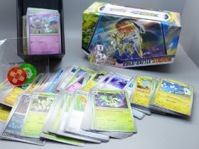 300 Pokemon cards from Scarlet and Violet set with dice, coins and collectors box