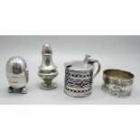 A pierced silver mustard with liner, Chester 1913, a Victorian silver napkin ring and two silver