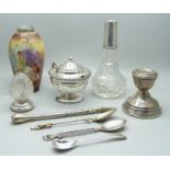 A large silver mustard pot and spoon, 117g, and other silver and silver mounted items, (two spoons