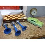 A 1980s telephone in the form of a car, a chess set and board/box, (lacking one piece), a set of