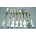 A 700 silver fork, marked 70, a German 800 silver spoon marked Dahmen and six silver plated forks,