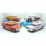 Four Emergency Wagon tin-plate toys, Police, Fire, Rescue and Ambulance, boxed