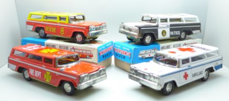 Four Emergency Wagon tin-plate toys, Police, Fire, Rescue and Ambulance, boxed