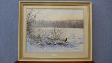 Bruce Pearson (b. 1950), pheasant in a winter landscape, watercolour, framed