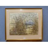 Bruce Pearson, (b. 1950), landscape with swans amongst reeds, watercolour, framed