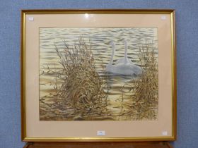 Bruce Pearson, (b. 1950), landscape with swans amongst reeds, watercolour, framed