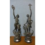 A pair of early 20th Century French spelter figures, on ebonised socles