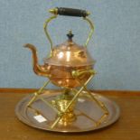 An Arts and Crafts copper and brass spirit kettle, manner of W.A.S. Benson and a small copper tray