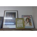 Two framed posters; A Country Girl and Hunter the Teaman and two golf etchings