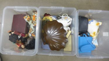 Three boxes of china, dolls, two pairs of binoculars, brassware, etc. **PLEASE NOTE THIS LOT IS